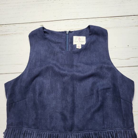 Julie Brown Faux Suede Fringe Waist Mini Sheath Dress Navy Blue Sleeveless 2 XS - Picture 3 of 8
